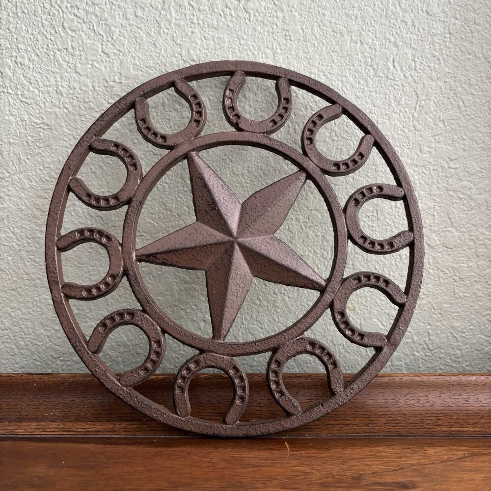 Cast Iron Round Trivet 9.5” Western Lone Star Horseshoe Farmhouse Ranch Black
